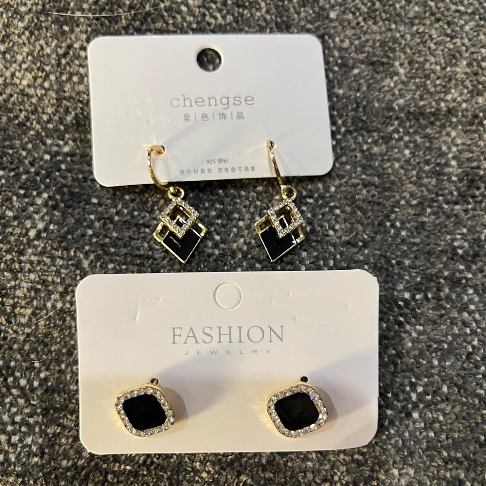 Two Pairs of Black, Gold, and Rhinestone earrings. Brand New!